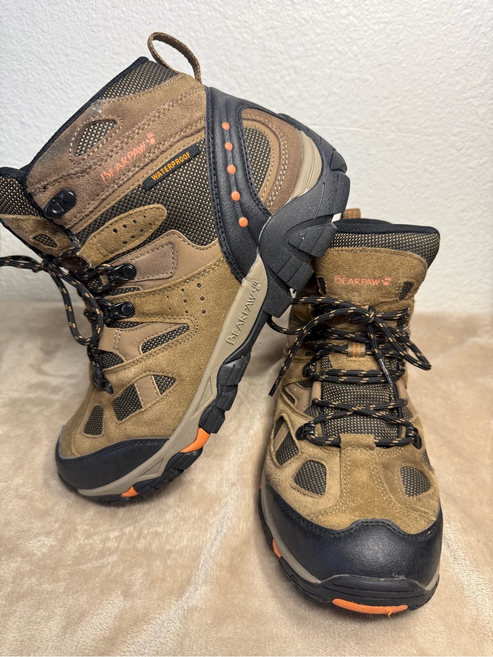 BearPaw Men's Brown and Black Waterproof Hiking Boots with Orange Accents